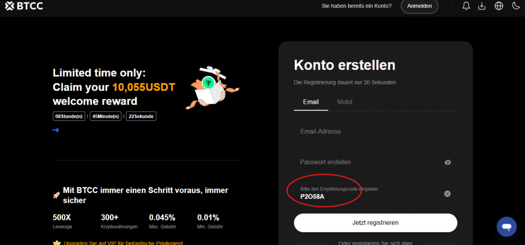 BTCC Empfehlungscode P2O58A – 10.000 € Bonus + 30 % Rabatt